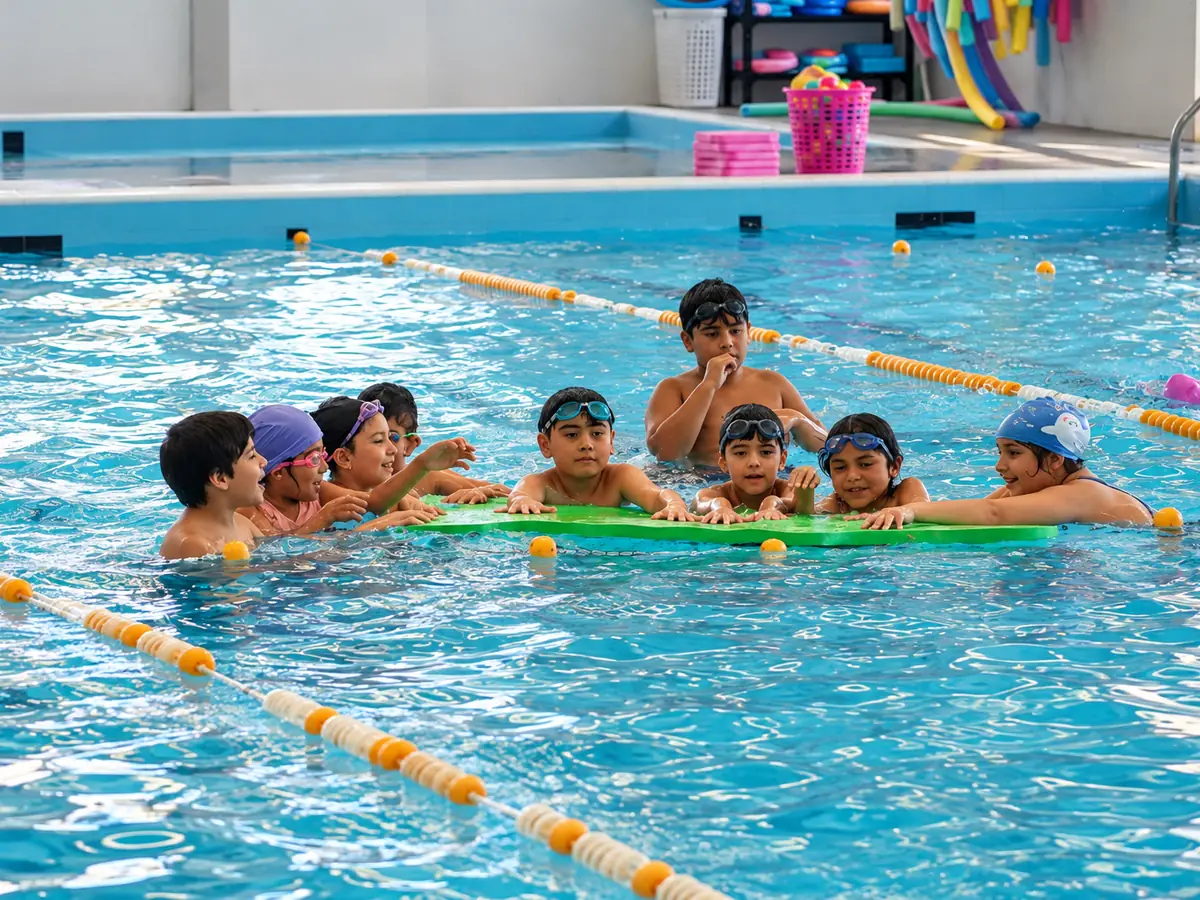 Students holding a float together in their swimming lesson